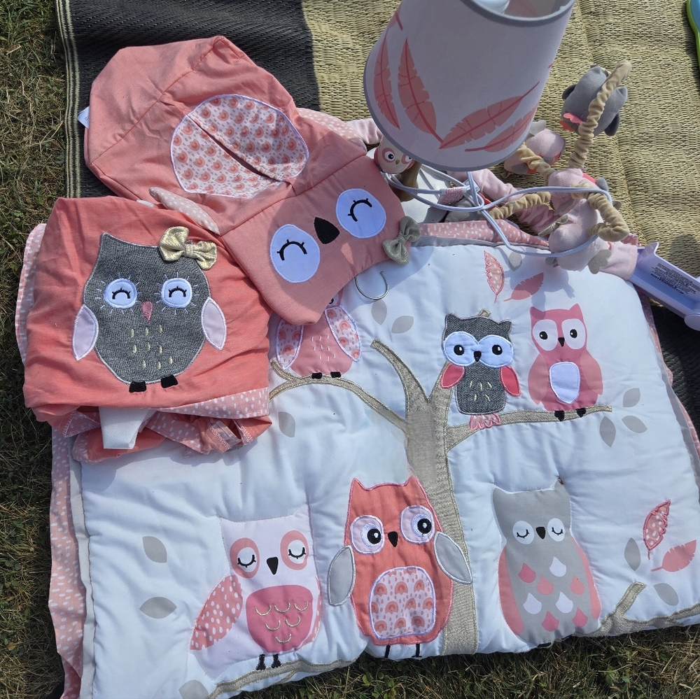 Lambs & Ivy Coral Owl Crib Bedding Nursery Set 5pc